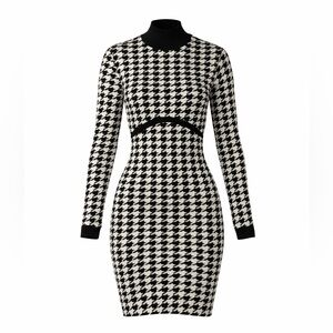 Akira Black and White Houndstooth Dress long sleeve